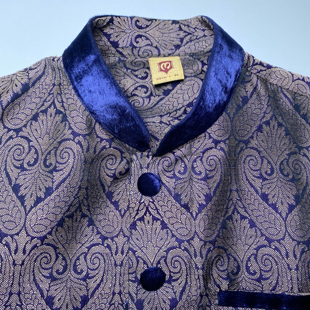 Men's Blue Velvet-Collar Nehru Jacket with Brocade Pattern